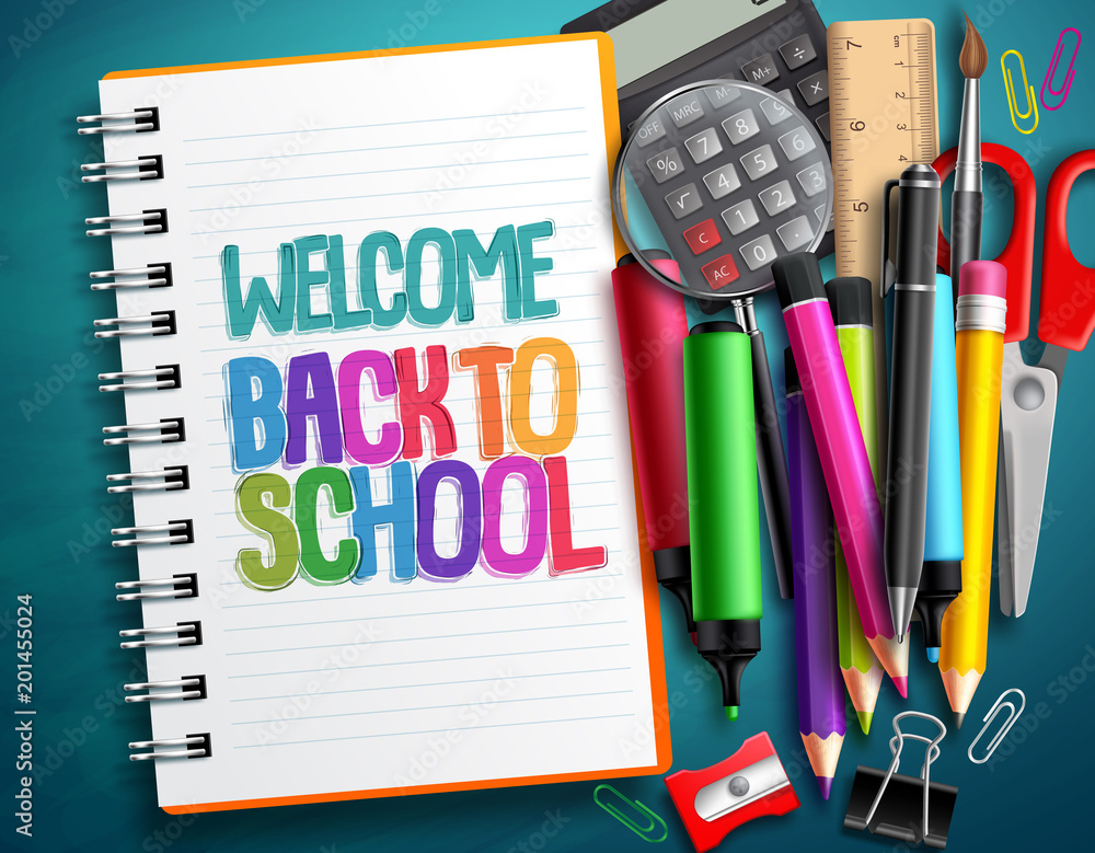 Poster welcome back to school vector design with colorful school items, education elements and white notebo