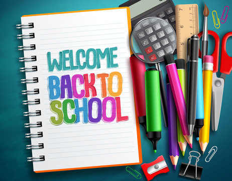 Welcome back to school vector design with colorful school items, education elements and white notebook with space for text in blue texture background. Vector illustration.
