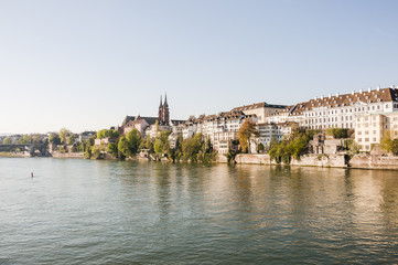 Basel, Stadt, Altstadt, Rhein, Fluss, Grossbasel, Münster, Pfalz, Kirche, Wettsteinbrücke, Altstadthäuser, Rheinschifffahrt, Frühling, Schweiz