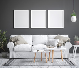 Mock up poster frame interior background, scandinavian style, 3D render © artjafara