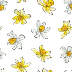Foto op Canvas Seamless floral pattern on white background. Hand-drawn flowers - Daffodil. © Yulia Ogneva