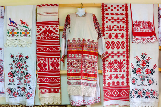 Krasnoe, Russia - May 2016: Ethnographic Museum in the village of Krasnoye near Borovsk, an exhibition of folk embroidery