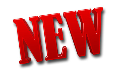 Stock Illustration - Large Red Shiny Text: NEW, 3D Illustration, Bright Against the White Background.