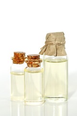 Pure oil. Essential oil set in glass transparent bottles . Natural organic bio oil