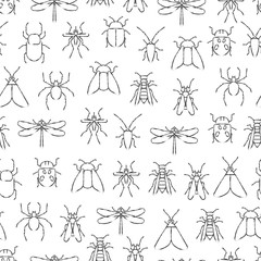 Pencil drawing insects seamless pattern. Wild nature seamless texture