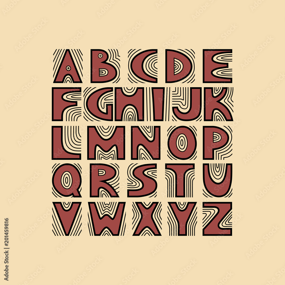 Poster vector handwritten uppercase artistic alphabet with concentric lines. theme of tree structure, annua