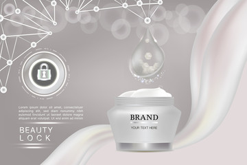 White cosmetic container with advertising background ready to use, beauty lock skin care ad, vector illustration.