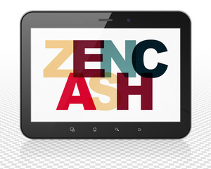 Cryptocurrency concept: Tablet Pc Computer with Painted multicolor text Zencash on display, 3D rendering