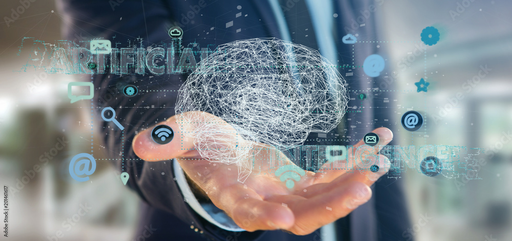 Poster businessman holding a 3d rendering artificial intelligence concept with a brain and app