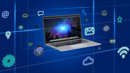 Computer surrounding by app and social icon - 3d render