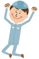 ポップな青い制服の作業員　ジャンプ　ガッツポーズ