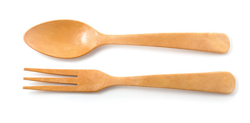 Wooden Spoon and fork isolated on a white background