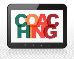Learning concept: Tablet Pc Computer with Painted multicolor text Coaching on display, 3D rendering