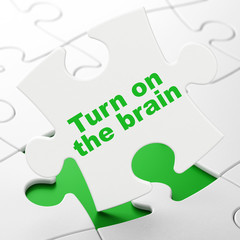 Studying concept: Turn On The Brain on White puzzle pieces background, 3D rendering