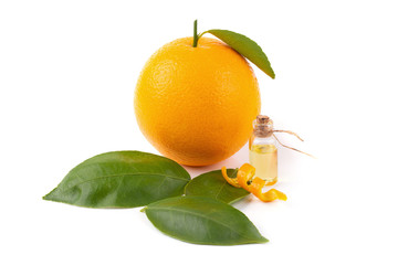 Bottles with Essential Oil of orange peel and leaf isolated on white background