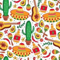 Mexican seamless pattern. Guitar, sombrero, maracas, cactus, jalapeno and tequila.