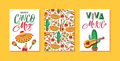Cinco de Mayo Festival greeting cards design with guitar, sombrero, maracas, cactus, jalapeno, tequila and hand written text.