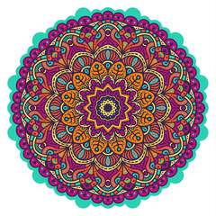 Vector hand drawn doodle mandala with tracery. Ethnic mandala with colorful ornament. Isolated on white background. Doodle illustration.