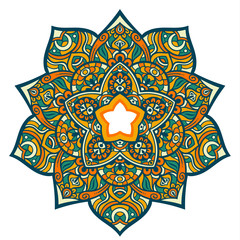 Vector hand drawn doodle mandala with tracery. Ethnic mandala with colorful ornament. Isolated on white background. Doodle illustration.