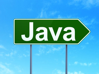 Programming concept: Java on green road highway sign, clear blue sky background, 3D rendering