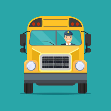 School  bus with Smiling driver in Windows. Vector flat style illustration