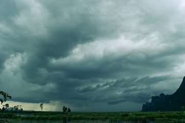 Gray cloud formations on sky above mountain and swamp,Nimbus moving,Appearance of...