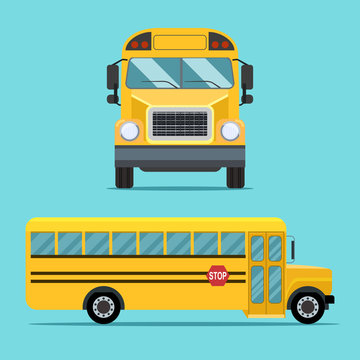 School  bus view side and front. Vector flat illustration