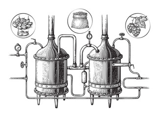 Vintage distillation apparatus sketch. Moonshining vector illustration distillation process - obrazy, fototapety, plakaty