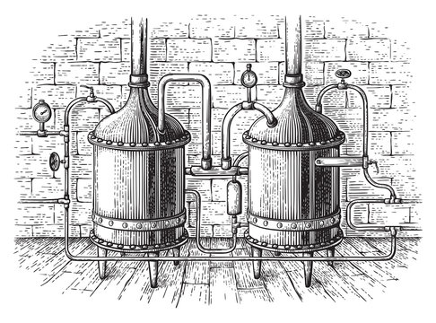 Vintage distillation apparatus sketch. Moonshining vector illustration distillation process