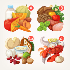 Groups of products rich in vitamins and minerals. Healthy eating vector illustrations