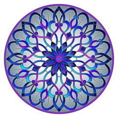 Illustration in stained glass style with abstract flowers, leaves and swirls, circular image on grey background
