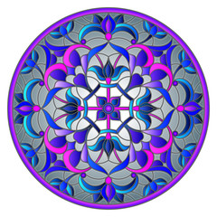 Illustration in stained glass style with abstract flowers, leaves and swirls, circular image on grey background