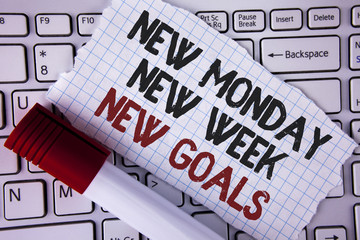 Conceptual hand writing showing New Monday New Week New Goals. Business photo text next week resolutions To do list Goals Targets written on Tear Notebook paper placed on the Laptop Marker next to it.