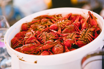 crayfishes boiled red bucket white party