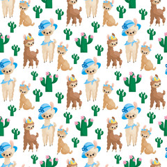 Seamless pattern with the image of cute llamas in cartoon style. Colorful vector background