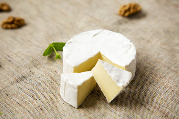 Cheese camembert and slices with walnuts. Milk production. Side view.