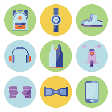 Vector Illustration. Equipment for summer relax. Set of sneakers, cap, phone, gloves, backpack, ball, t-shirt, bottle for water on green - blue - yellow circles