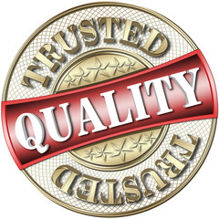 Stock Illustration - Shiny GoldenInsignia: Trusted Quality, 3D Illustration, White Backgound.