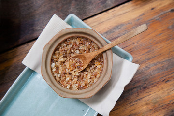 Sugar with spoon for coffee top view