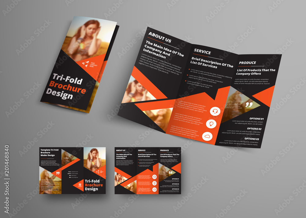 Poster Design of a vector tri-fold brochure with orange triangular elements and place for a photo.