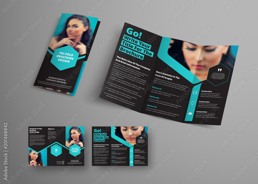 Poster Design of a vector triple folding brochure with blue hexagonal elements and a place for photos