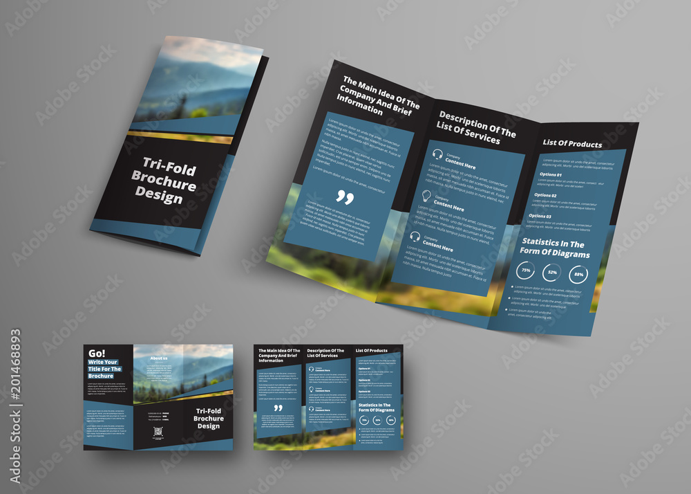 Poster Design vector black triple folding brochure with diagonal elements and place for photo.