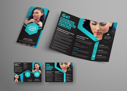 Design of a vector triple folding brochure with blue hexagonal elements and a place for photos
