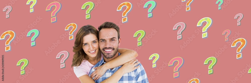 Poster Happy couple with colorful funky question marks