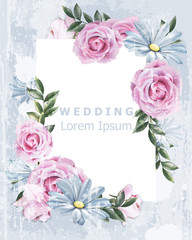 Delicate Vintage frame with rose flowers Vector. Wedding Invitation floral decor. Old Grunge effect. 3d illustrations