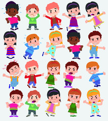 Cartoon character boys and girls. Set with different postures, attitudes and poses, always in negative attitude, doing different activities. Vector illustrations.