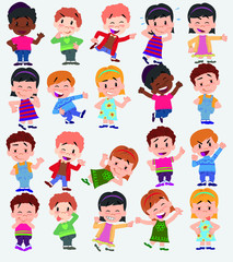Cartoon character boys and girls. Set with different postures, attitudes and poses, always in positive attitude, doing different activities. Vector illustrations.