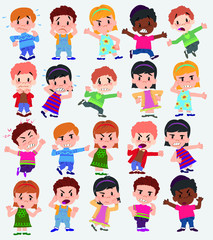Cartoon character boys and girls. Set with different postures, attitudes and poses, always in negative attitude, doing different activities. Vector illustrations.