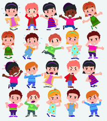 Fototapeta premium Cartoon character boys and girls. Set with different postures, attitudes and poses, always in negative attitude, doing different activities. Vector illustrations.