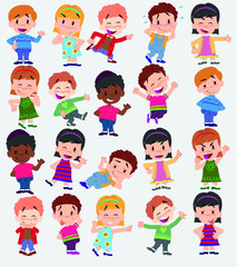 Cartoon character boys and girls. Set with different postures, attitudes and poses, always in positive attitude, doing different activities. Vector illustrations.
